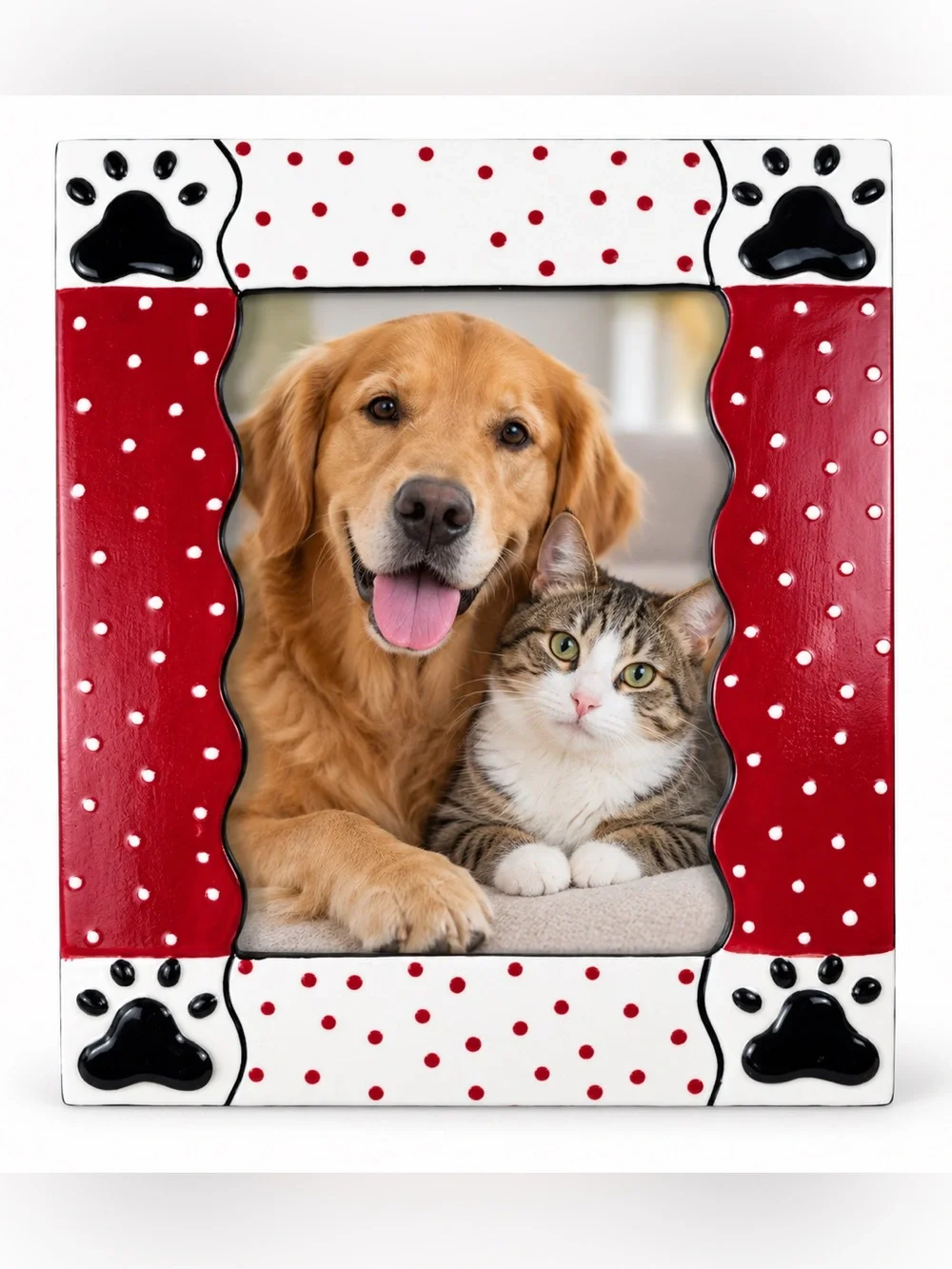 VTG Boyds Home Ceramic Paw Print Pet Photo Frame Red White 5x7 Dog Cat 2004